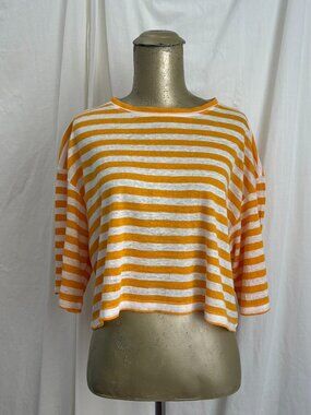 Frame Yellow White Striped 100% Organic Linen Short Sleeve T-Shirt Top Size XS